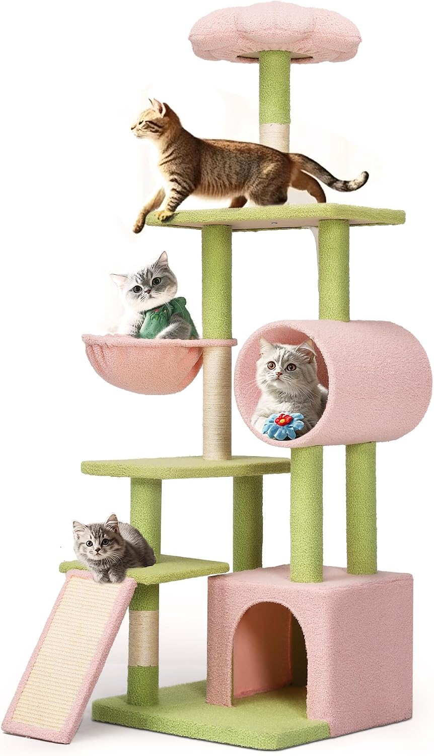 Tall Flower Cat Tree Tower with Detachable Perch, 65in Cute Cat Climbing Tower for Indoor Cats with Cat Condo, Basket, Tunnel, Sisal Scratching Posts and Board, Pink and Green