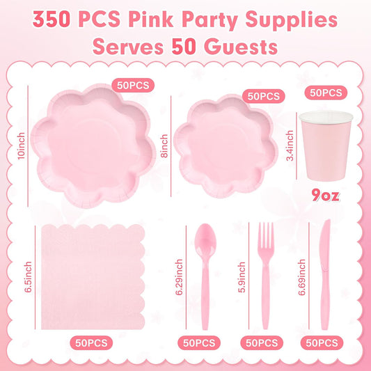 350 Pcs Pink Paper Plates and Napkins Set, Tableware Set for 50 Guests