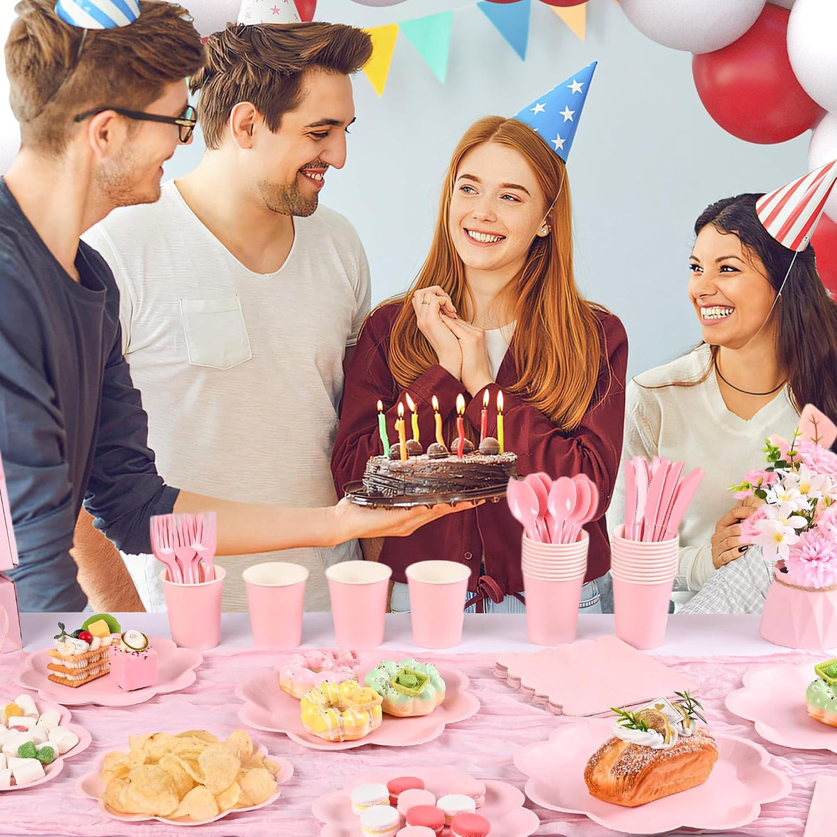 350 Pcs Pink Paper Plates and Napkins Set, Tableware Set for 50 Guests