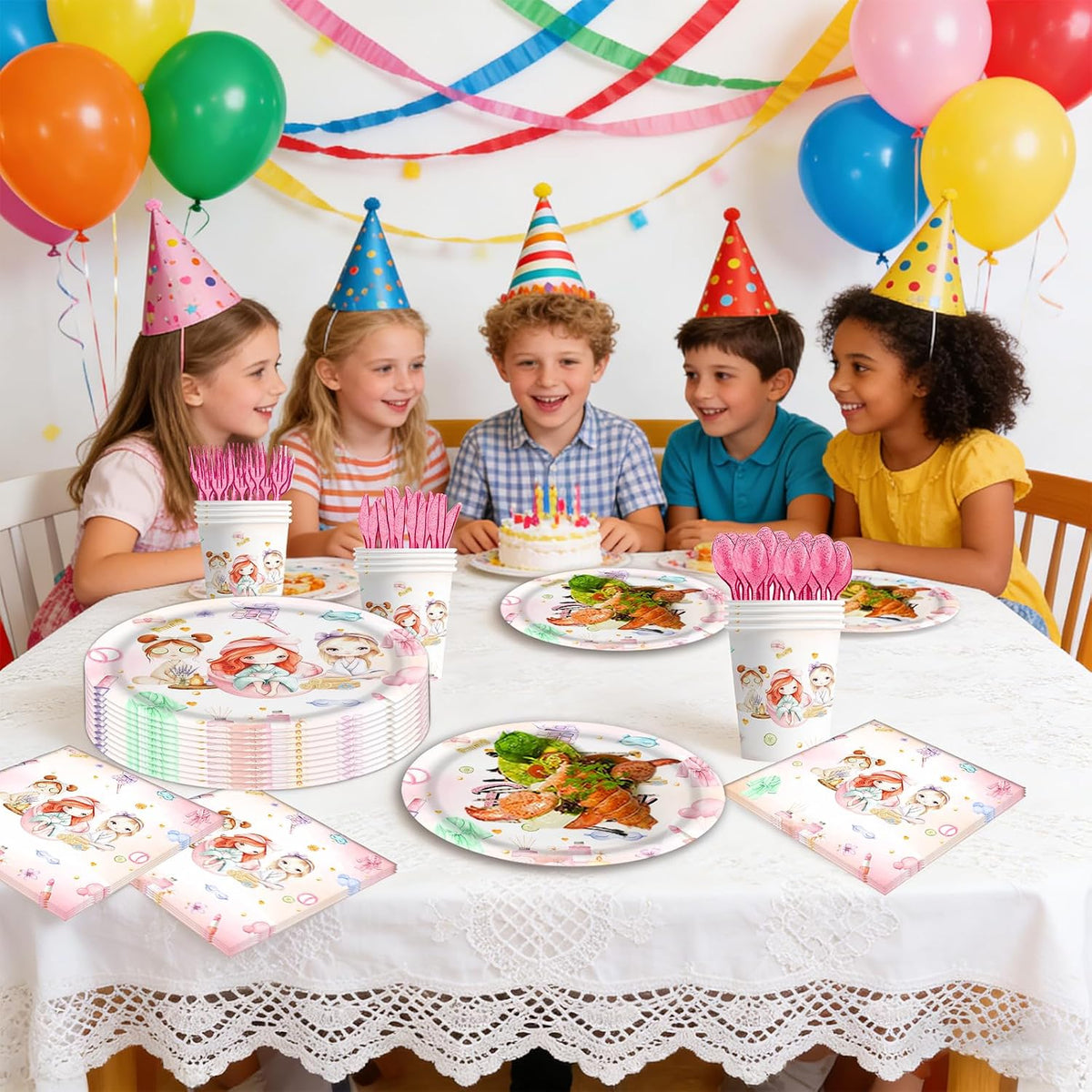 140PCS Spa Party Supplies Pink Makeup Themed Birthday Party Decorations for Girls Child Kids Slumber Sleepover Pajama Tableware Set Plates Napkins Cups Forks Knives for 20 Guests
