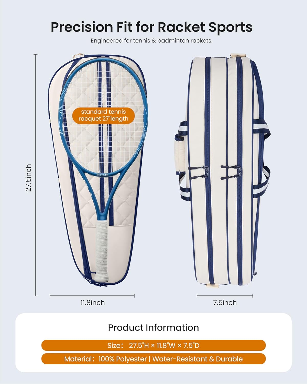 Quilted Tennis Bag for Women & Men, Holds 3‑6 Tennis Rackets