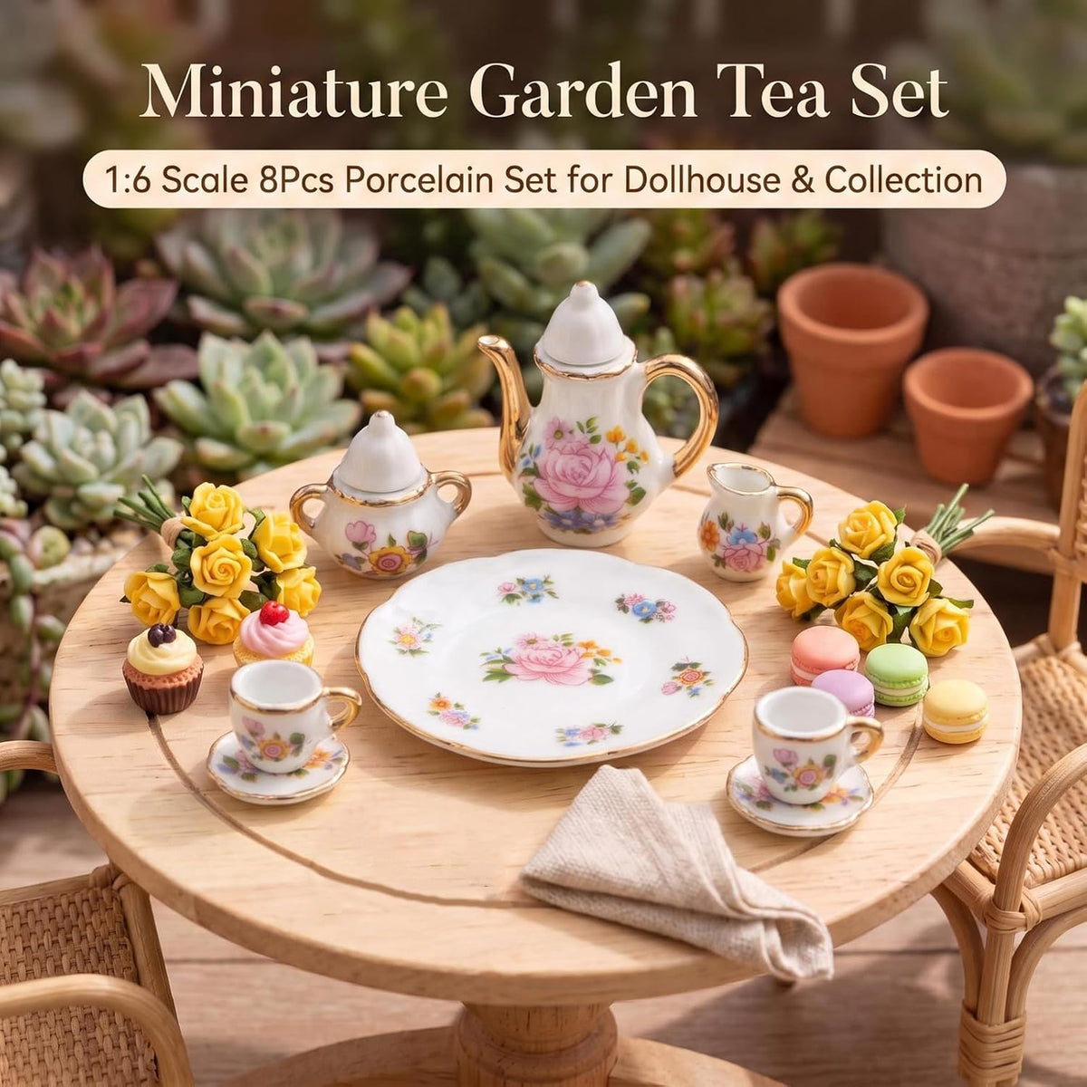 Miniature Tea Set 1/6 Scale Dollhouse Accessories Porcelain, Light Pink