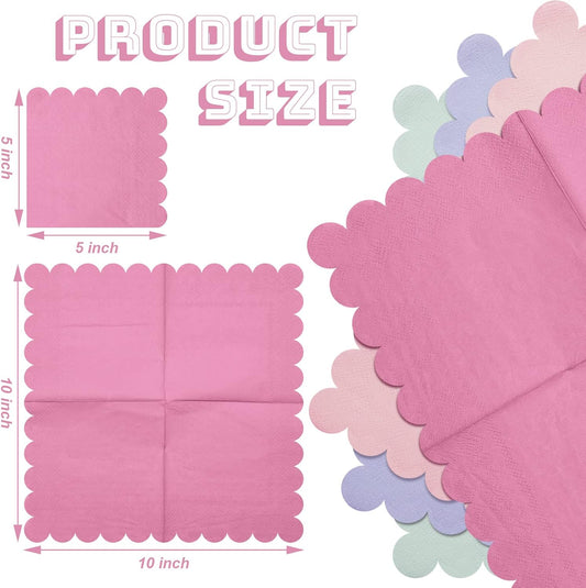 Kosiz 100 Pieces Scalloped Edged Cocktail Napkins 5 x 5" Disposable Pastel Paper Napkins Bulk for 4 Macaron Colors Wedding Shower Baby Beverage Dinner Birthday Party Home Kitchen Supplies Tableware