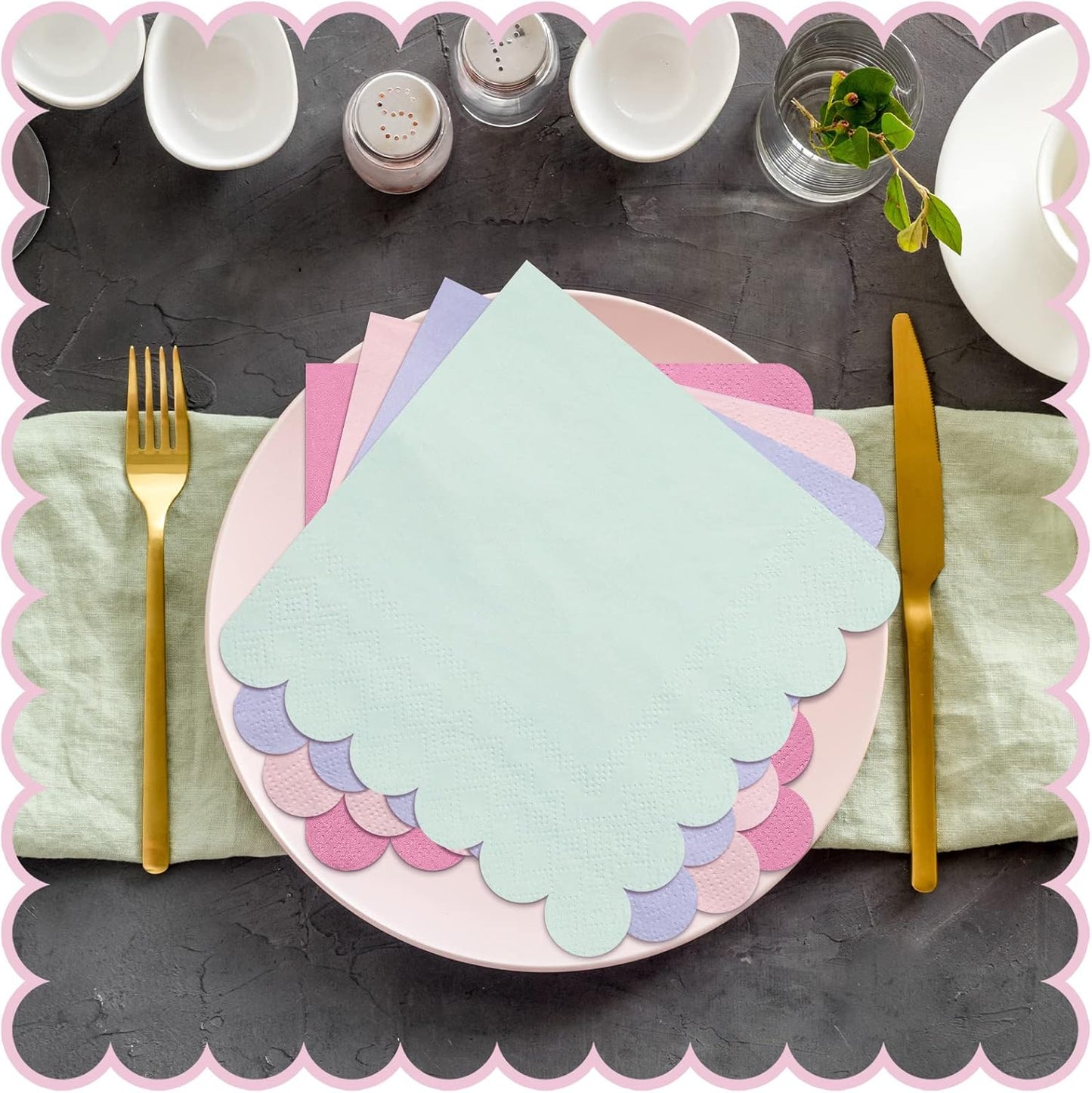 Kosiz 100 Pieces Scalloped Edged Cocktail Napkins 5 x 5" Disposable Pastel Paper Napkins Bulk for 4 Macaron Colors Wedding Shower Baby Beverage Dinner Birthday Party Home Kitchen Supplies Tableware