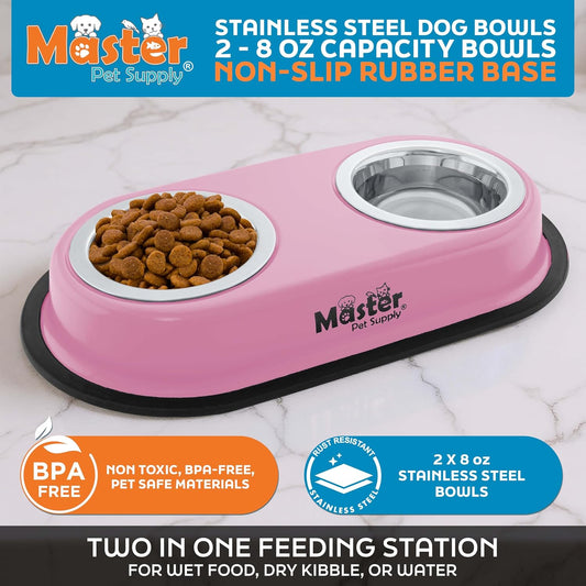 Double Dog Bowls Set with Elevated Base Hyper Pink