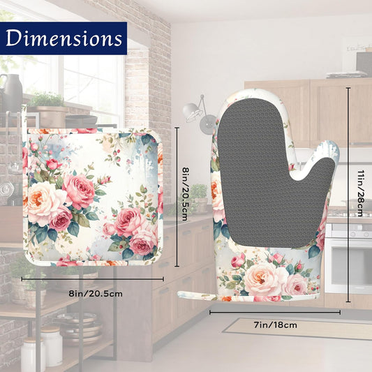 Oven Mitts and Pot Holders Sets Rose Pink Flower Silicone Kitchen Mits Potholders Watercolor Floral Heat Resistant 4Pcs Oven Gloves Hot Pads for Baking Cooking BBQ Grilling Home Decor