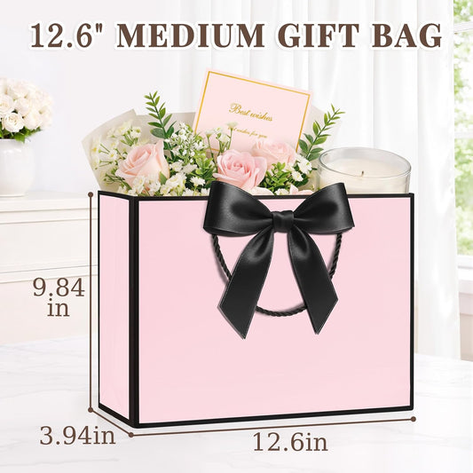 2PCS Pink Gift Bags with Handles, Medium Gift Bags for Women with 4 Tissue Paper 2 Ribbons 2 Cards, Cute Present Bag for Wedding Birthday Graduation Engagement Bridal Baby Shower Party Favors