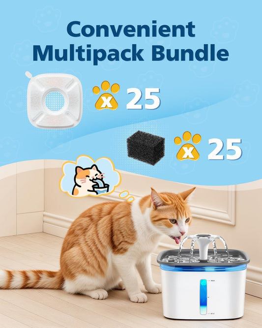 50 Pcs Cat Water Fountain Filters for Veken 95oz/2.8L, 67oz, 135oz Dog Water Fountain Automatic Pet Fountain Dog Water Dispenser 25Pcs Pet Fountain Filter Replacement & 25Pcs Pre-Filter Sponges