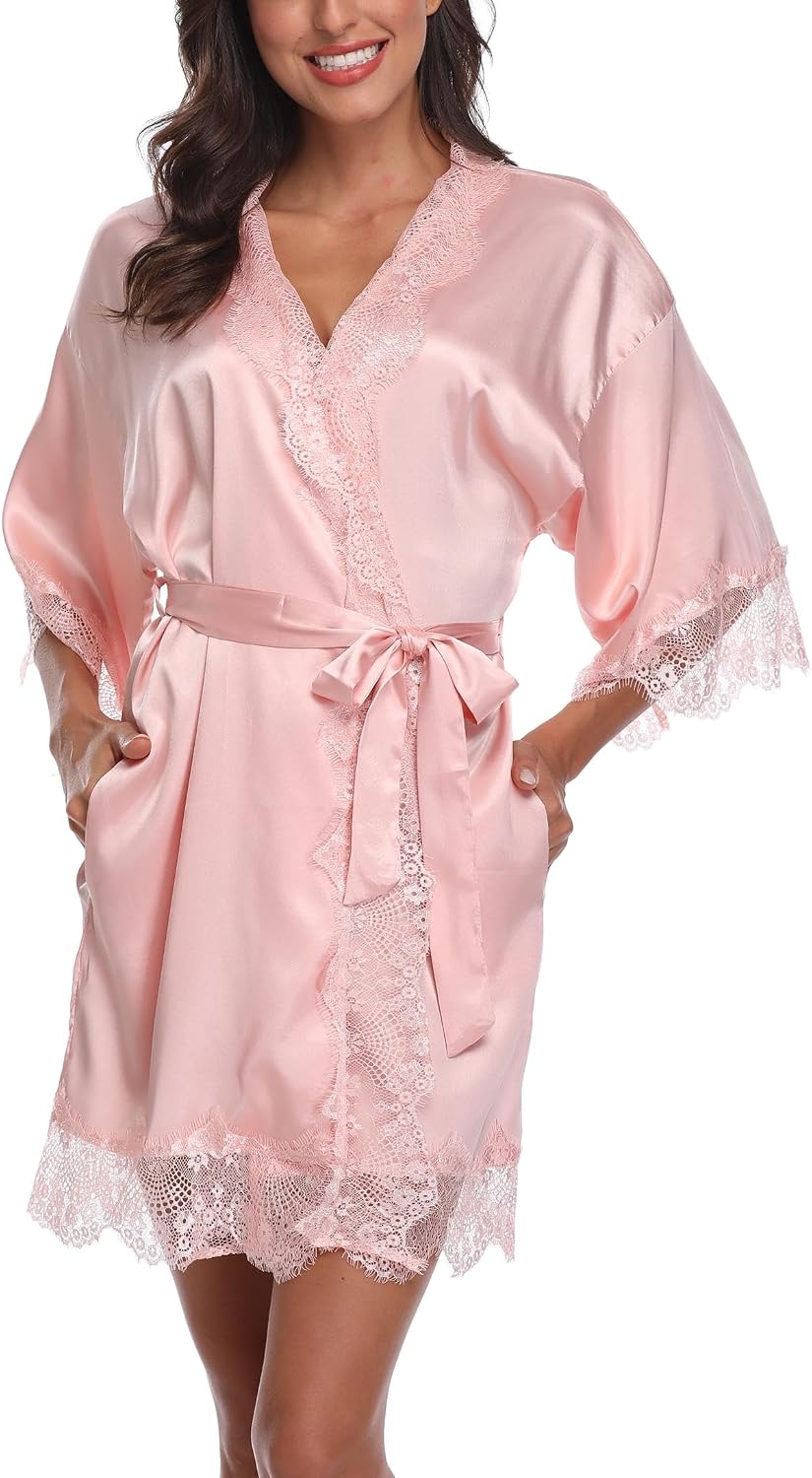 Women's Satin Robe with Lace Trim Sexy Short Silk Bridal Robes for Bride Bridesmaids Wedding Lightweight Cute Robe