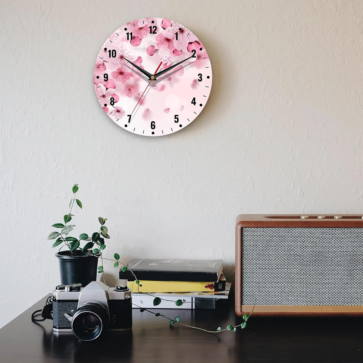 Wall Clocks,Cherry Blossom Wall Clocks for Living Room Decor,Pink Sakura Flower Kitchen Clocks Wall Battery Operated - 10 Inch Round Bathroom Wall Clock Silent Non-Ticking