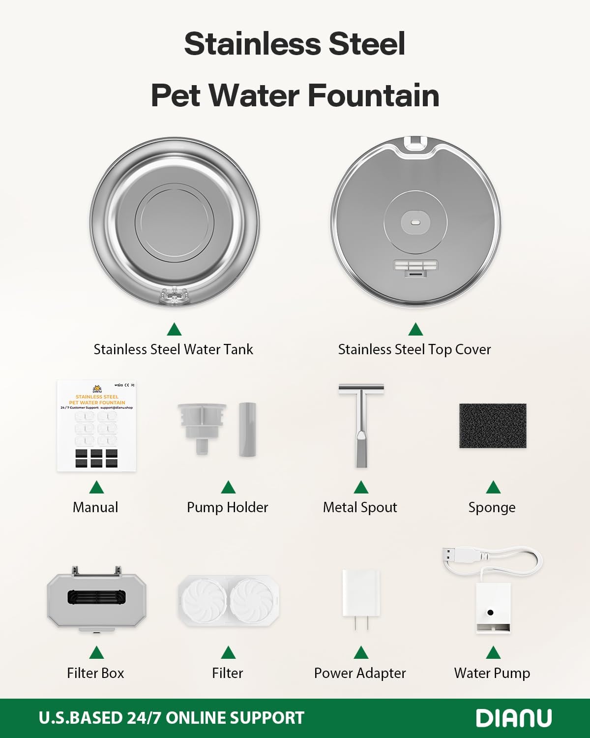 Stainless Steel Cat Water Fountain - 3.2L/108oz Cat Fountain for Drinking | Quiet Pet Water Fountain for Cats Indoor - Automatic Pet Water Bowl Dispenser - for Kitty & Small Dog