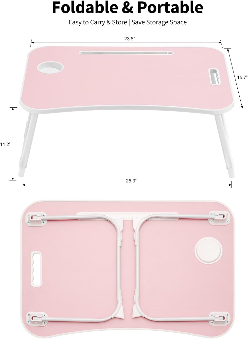 Folding Lap Desk Bed Desk Laptop Table Tray, Breakfast Serving Tray, Portable & Lightweight Mini Table for Sofa Couch Floor - Pink