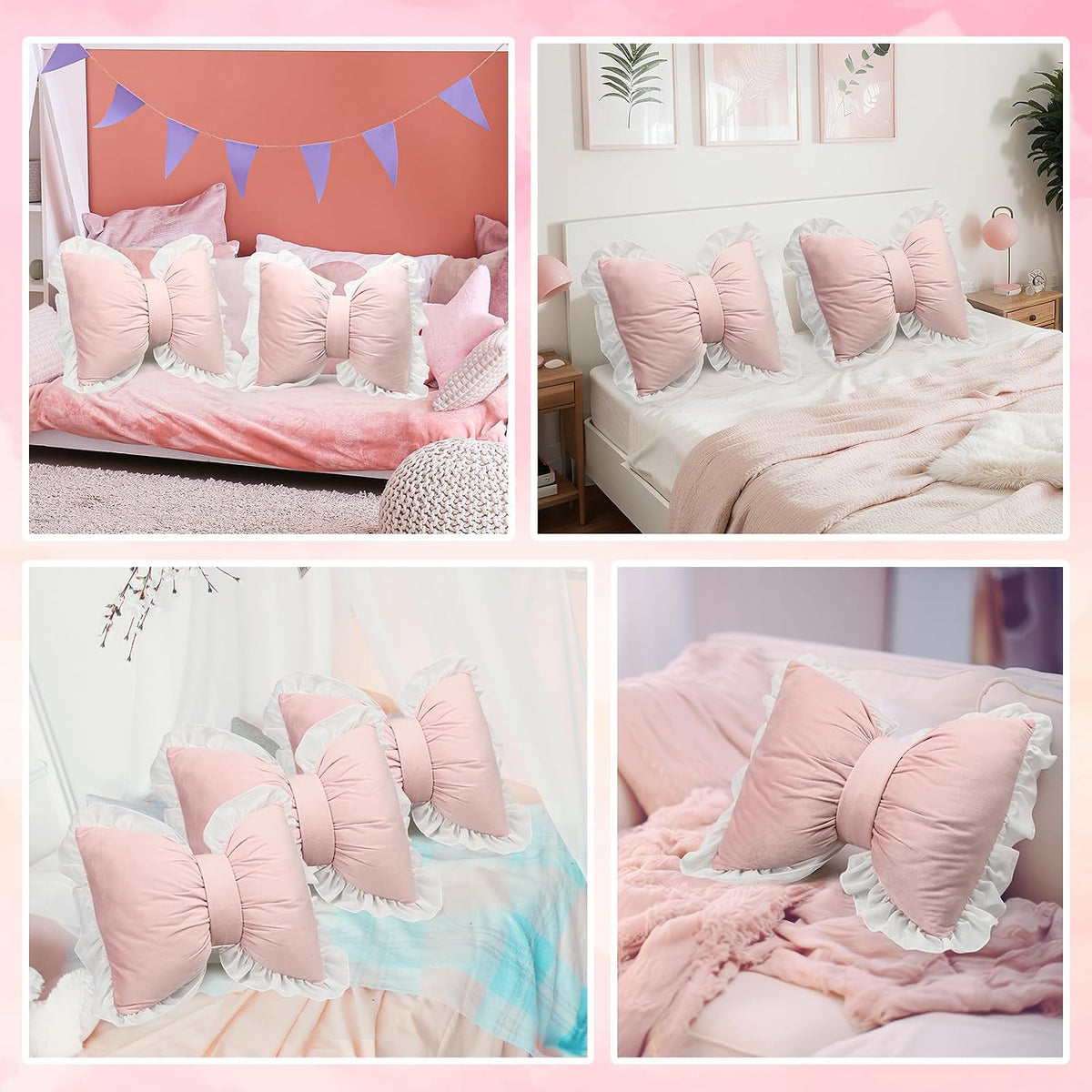 2 Pcs Bow Throw Pillows 15.7x12.6 in, Velvet, Pink