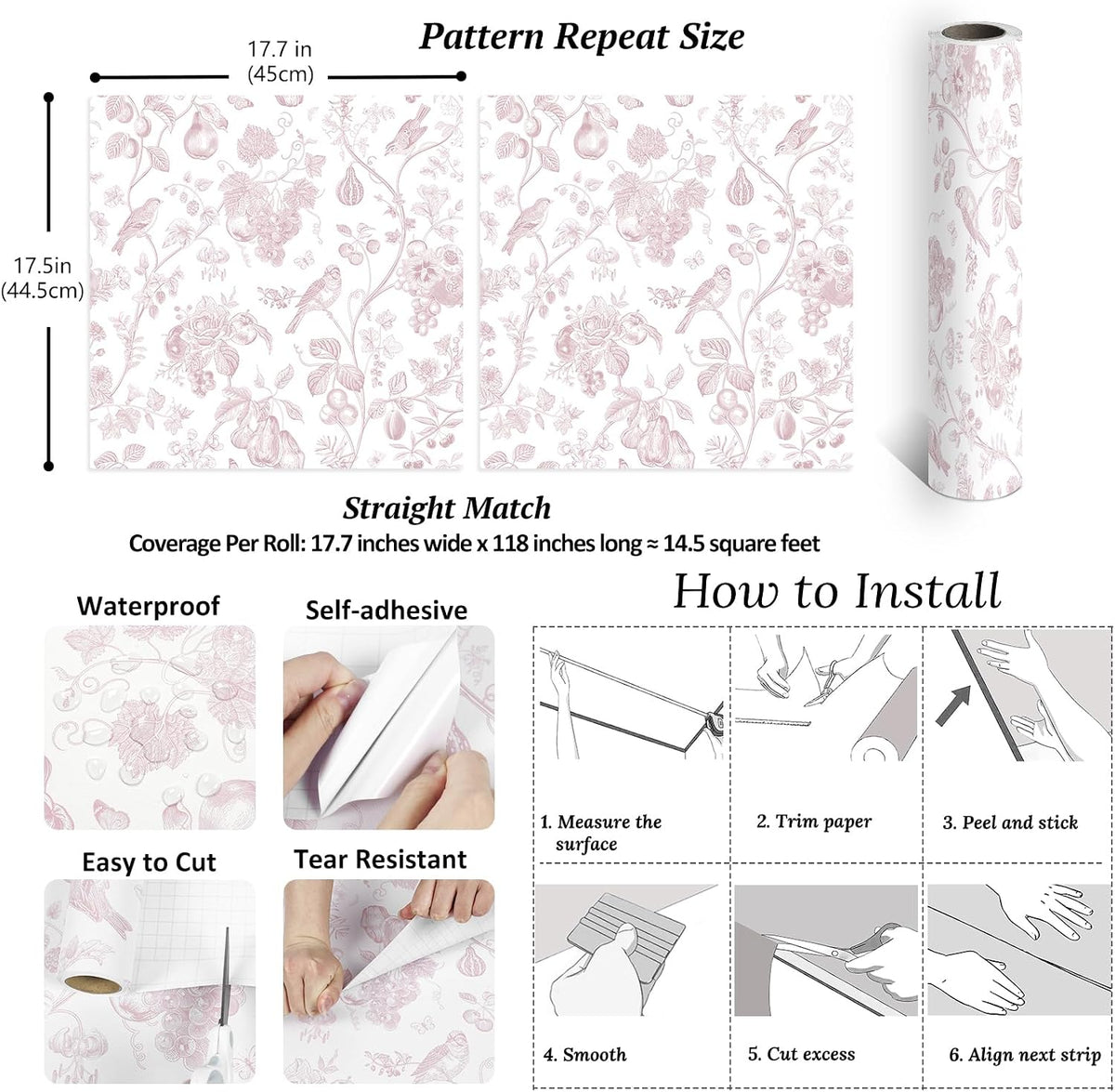 Blush Pink Toile Wallpaper Peel and Stick Floral Wallpaper with Birds Fruits 17.7''x118'' Self Adhesive Contact Paper Removable Chinoiserie Wall Paper for Girls Bedroom Nursery Powder Room