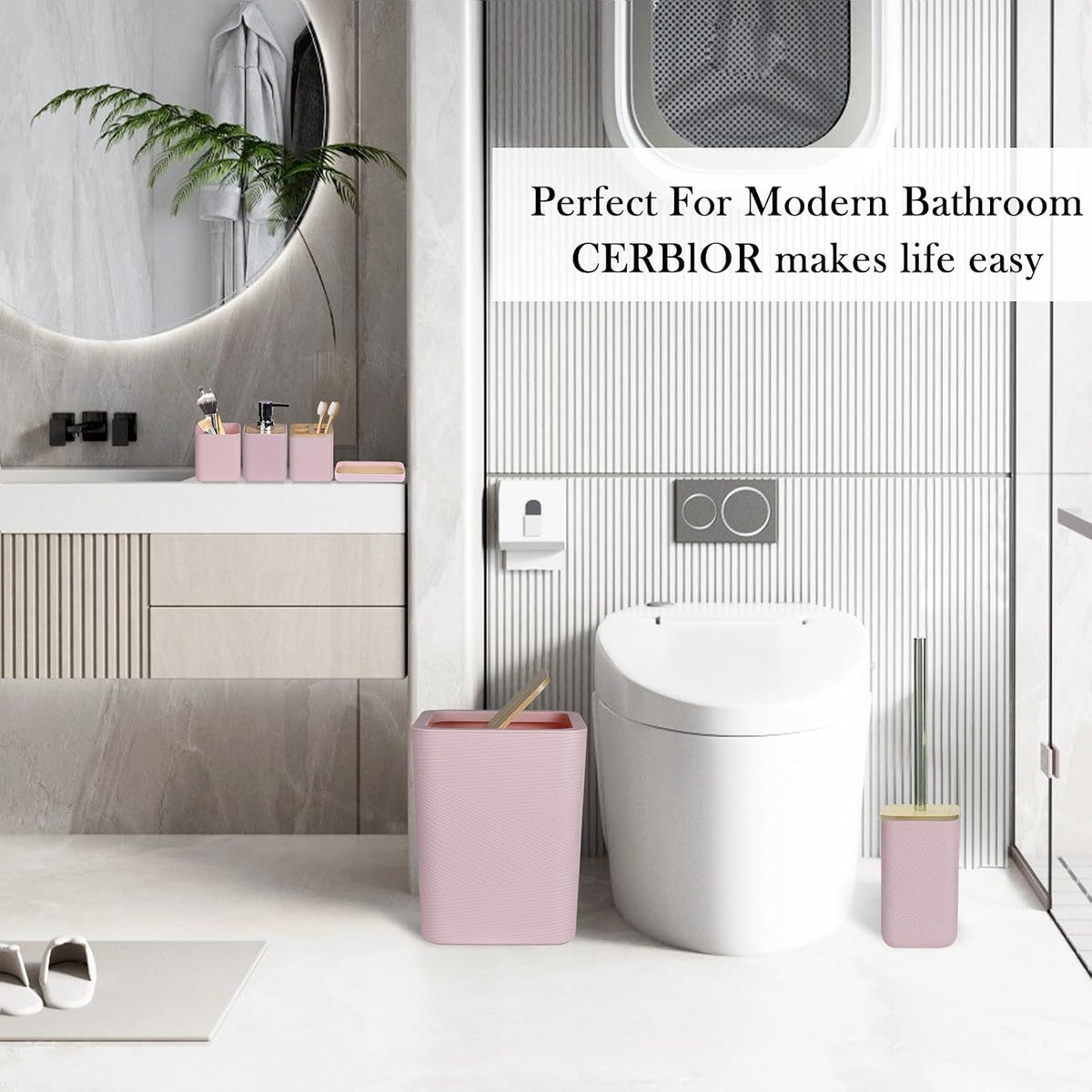 Bamboo Bathroom Accessories Set 6 Piece Bath Ensemble(Pink)