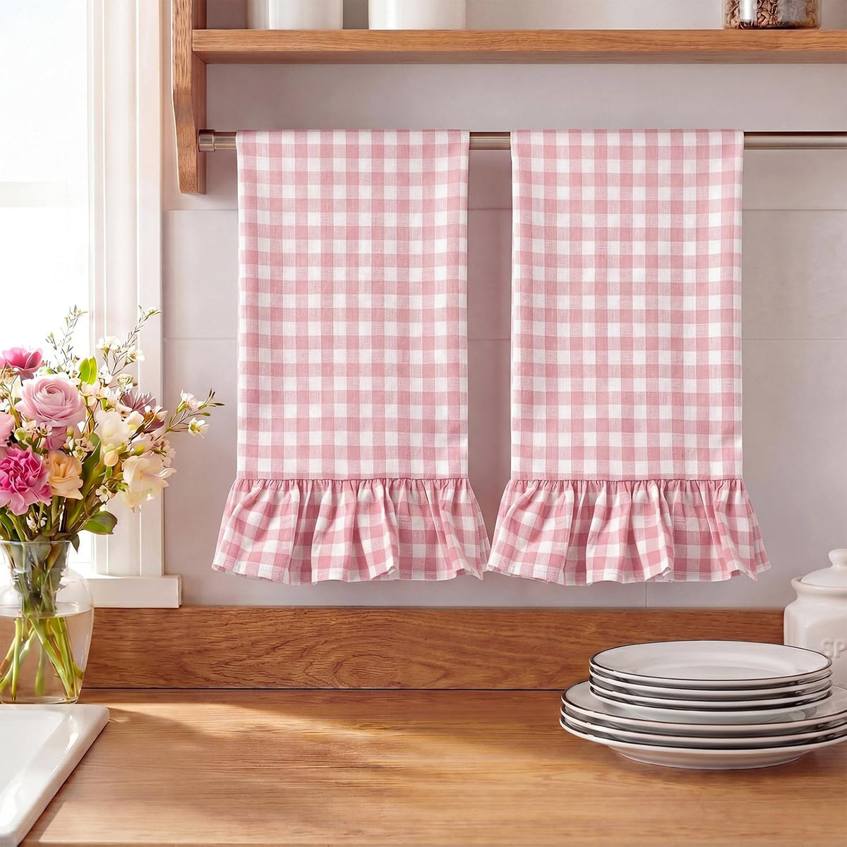 2 Pcs Light Pink Gingham Kitchen Towels Cotton Ruffled