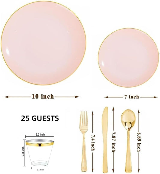 150Pcs Pink Plates Disposable - Pink and Gold Plastic Plates 25guest Disposable Dinnerware Include 25 Dinner Plate, 25 Dessert Plate, 25 Cutlery & 25 9oz Cups for Baby Shower/Wedding/Summer Party