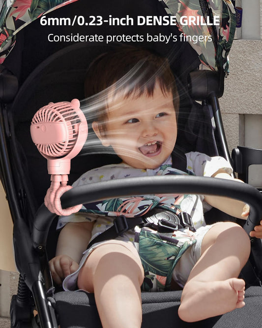 Portable Stroller Mini Fan, Small Rechargeable Personal Cooler w/ 360° Rotation, Baby Essentials for Car Seat, Crib, Bike, Treadmill, 3-Speed Battery Powered Stroller Accessories, Pink
