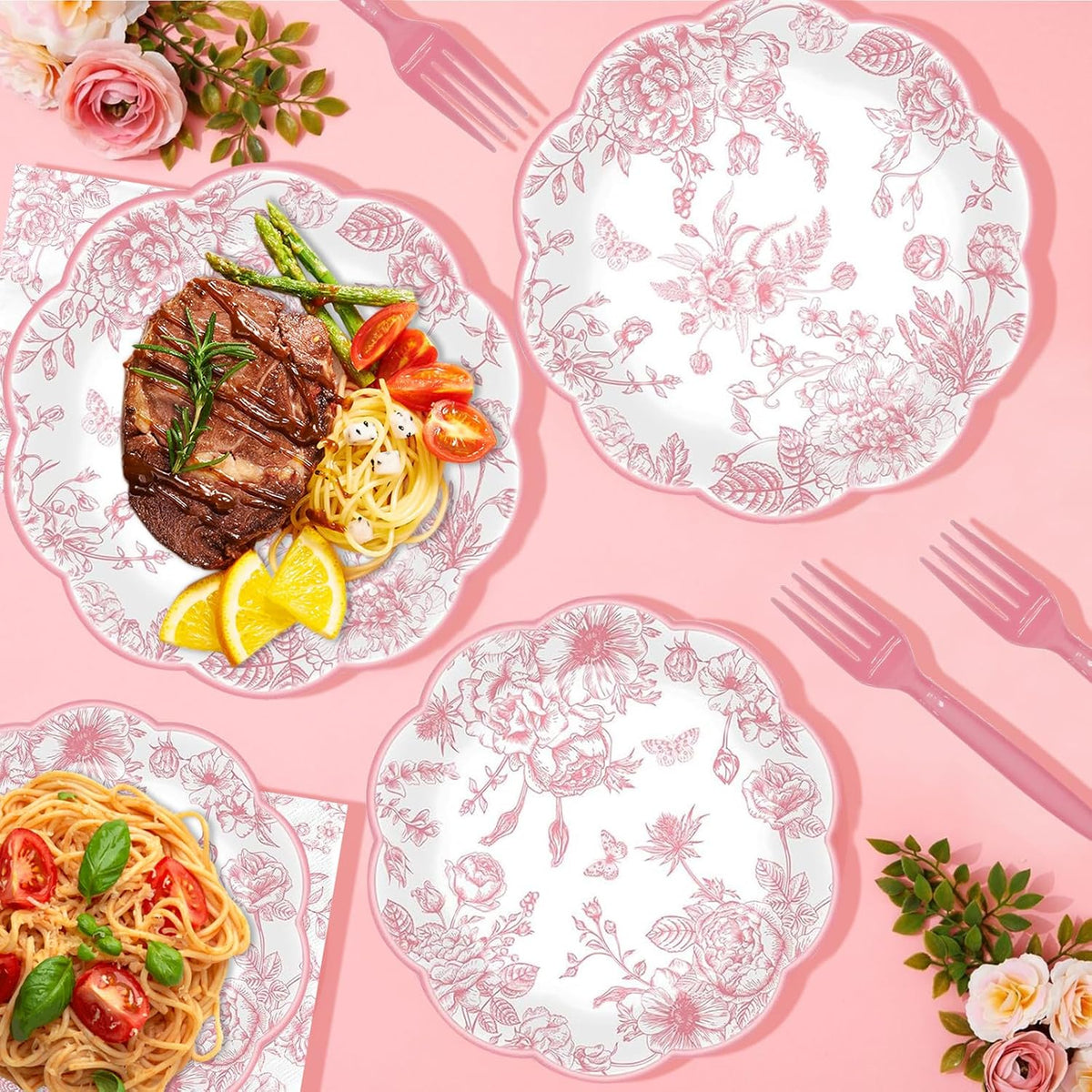 250 Pcs Pink Floral Plates and Napkins, 50 Guests Pink and White Scalloped Disposable Tableware Set Vintage Paper Plates Napkins for Wedding Bridal Shower Tea Garden Party Supplies
