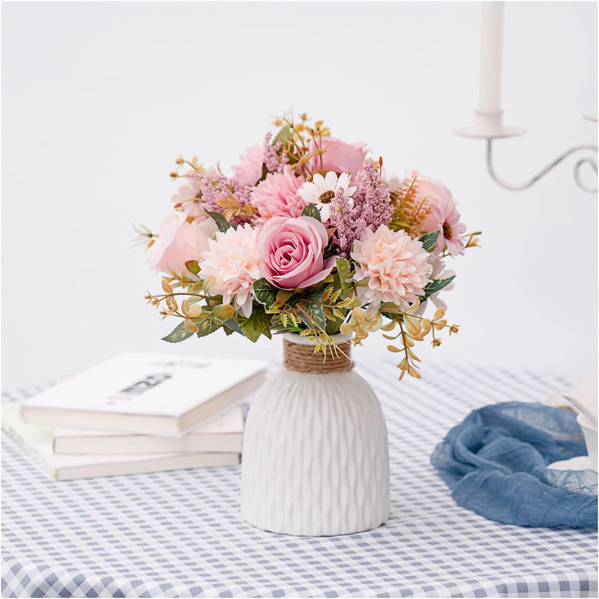 Fake Flowers in Vase, Artificial Pink Flowers in Vase for Decoration Faux Flowers Fake Floral for Home Decor Indoor Dining Table Centerpiece (Pink)