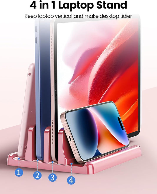 Vertical Laptop Stand for Desk, Dual Slots Plastic Laptop Holder with Space Saving 4-in-1 Design, Adjustable Laptop Stand Supports MacBook, Chromebook, Surface, Dell (Pink Rose)