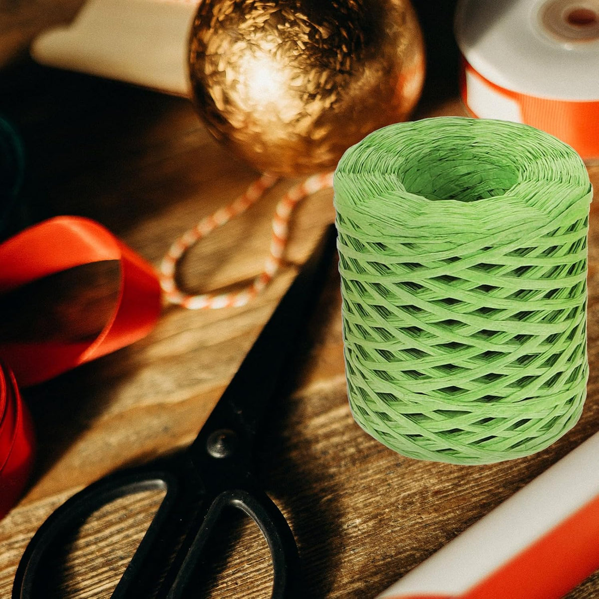 4 Rolls Raffia Ribbon Wrapping Supply Set with Natural Colors (, Grass Green, Oat, Peach) for Holiday DIY Crafts and Present Packing