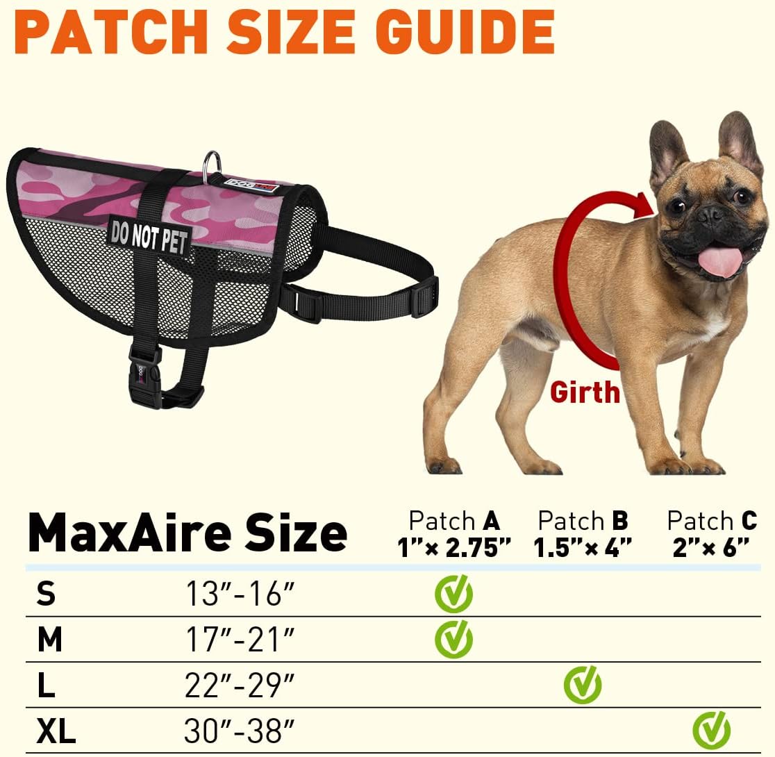 MaxAire Vest Do Not Pet Removable Patch Adjustable Harness Reflective for Puppies Small Medium and Large Dogs 22 by 29 Inch Girth Pink Camo