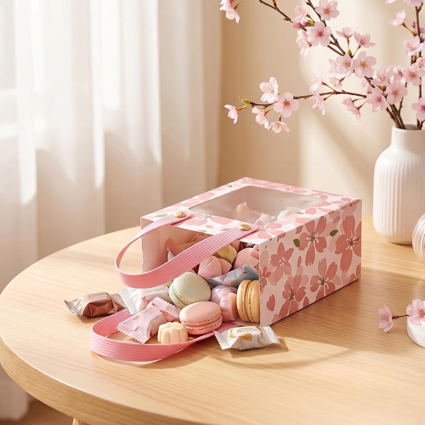 50 Pcs Treat Boxes,Golden Cherry Blossom Gift Boxes with Handle and Transparent Window,Candy Box for Wedding Favours, Birthday Party Supplies(Pink)