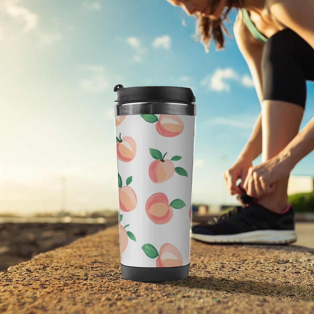 Peach Pattern Tumbler Stainless Steel Coffee Cup Leak-proof Travel Mug Water Bottle with Lid