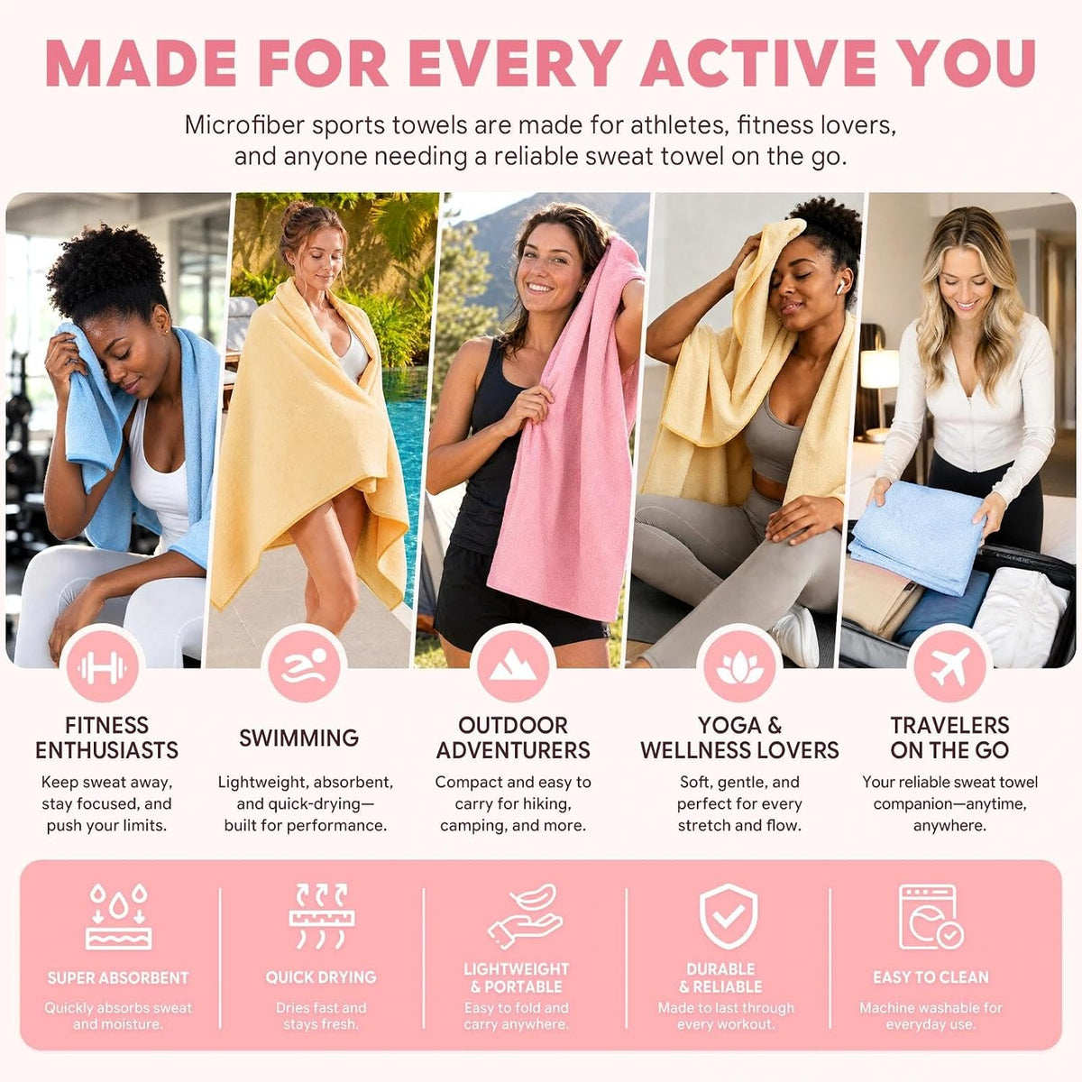 Microfiber Gym Towels for Showering Working Out Quick Dry Negative ions Large Middle Small Sizes Lightweight Gym Towel for Men Women Tennis Sports Towels for Body Hot Yoga Fitness Essentials