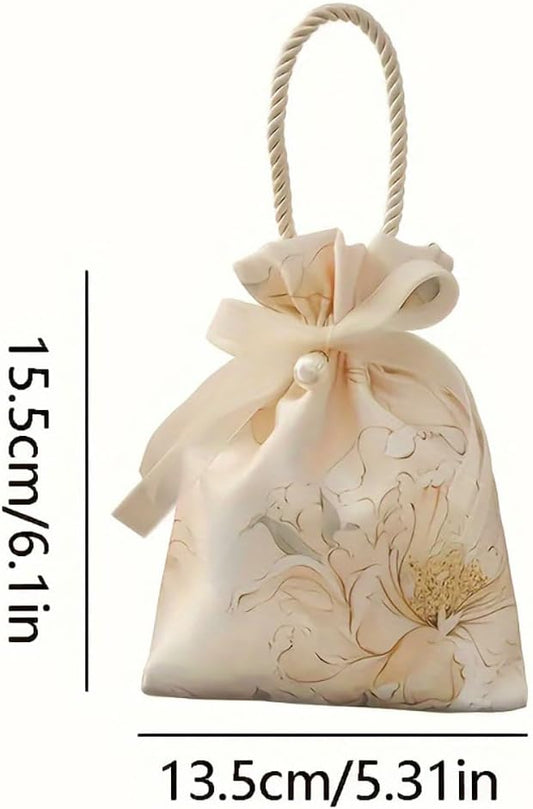 10PCS Elegant Floral Drawstring Gift Bags with Pearl Accent and Bow Closure, Rope Handle Favor Pouch for Wedding, Birthday, Crafts, ChampagneColor