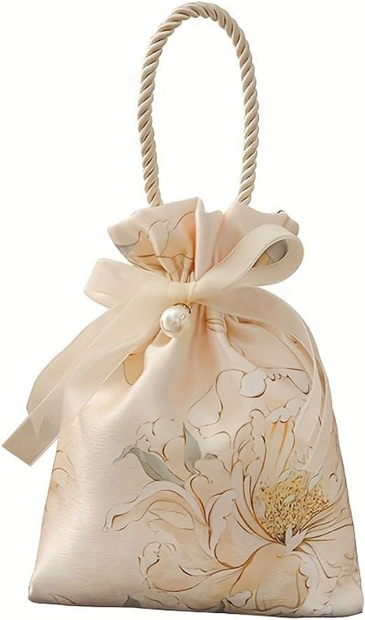 10PCS Elegant Floral Drawstring Gift Bags with Pearl Accent and Bow Closure, Rope Handle Favor Pouch for Wedding, Birthday, Crafts, ChampagneColor