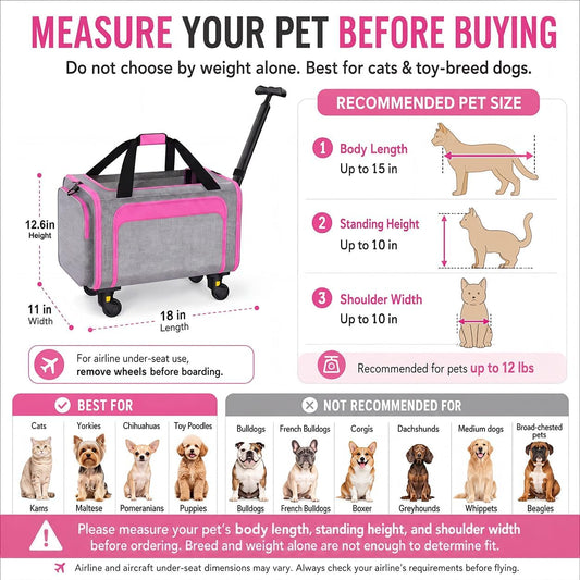 Airline Pet Carrier with Wheels, 18x11x11 for Cats & Toy Dogs