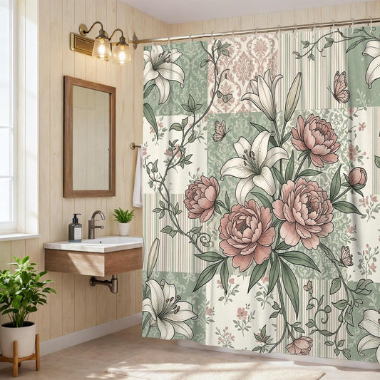 Peony Shower Curtain, Vintage Floral Lilies Butterfly Spring Pastel Peach Polyester Waterproof Design Print Bath Curtains for Bathroom Toile Guest Room Decor 72x78 Inch