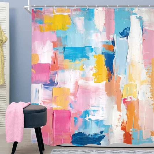 Abstract Colorful Shower Curtain 72Wx72H Watercolor Pink Blue Oil Painting Minimalist Modern Bathroom Set Aesthetic Bath Curtain Cloth Fabric Bathroom Accessories Decor with 12 Hooks