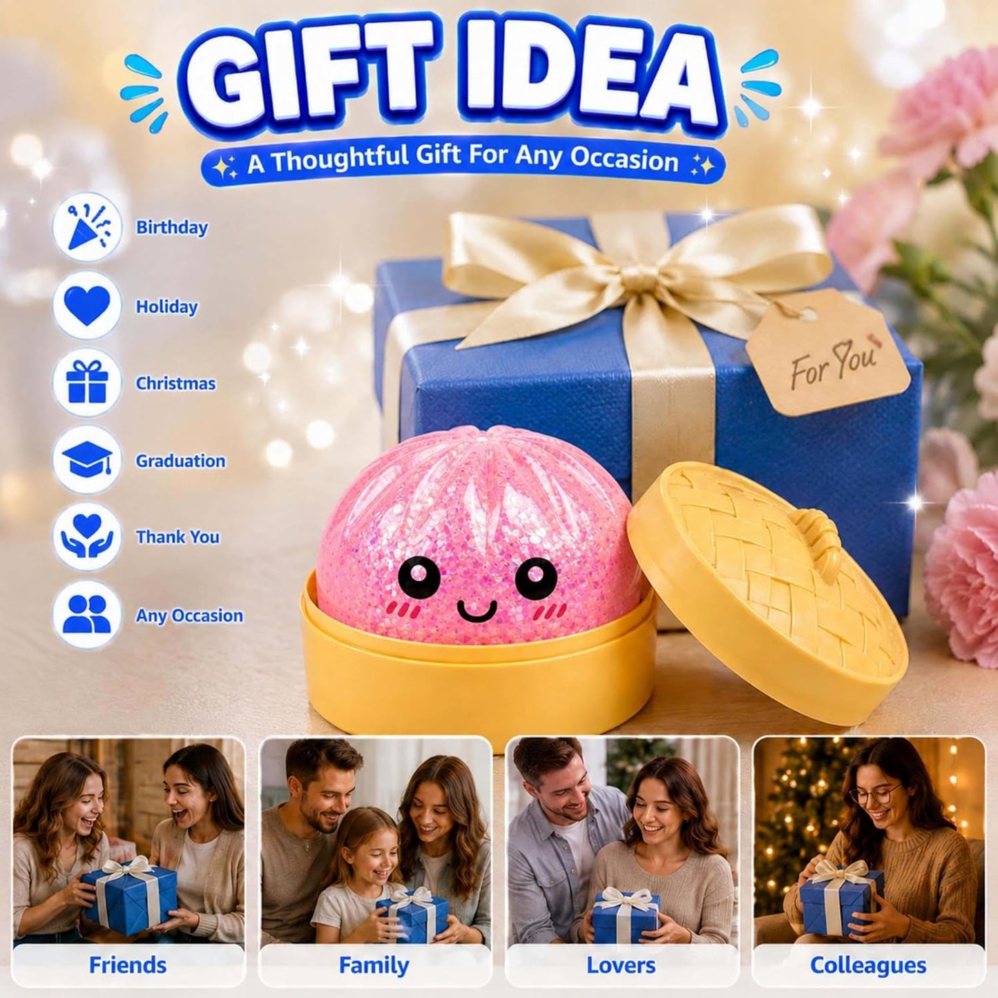 Mystery Sparkly Pink Dumpling Squishies with Steamer Box, Soft Stretchy Bao Bun Stress Relief Balls, Sensory Fidget Squeeze Toys for Anxiety Relief, Decompression Desk Toys