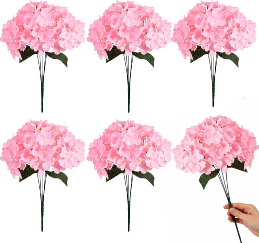Auihiay 6 Bundles Hydrangea Artificial Flowers for Outdoors and Indoor, Bulk 30 Heads, UV Resistant Faux Hydrangea Flowers for Garden, Porch, Yard, Window Box & Outdoor Wedding Decoration (Pink)