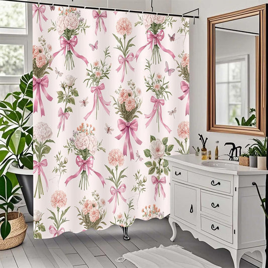 Boho Floral Shower Curtain Pink Bow Wildflower Shower Curtain, Elegant Botanical Floral Leaf Bathroom Decor Flower Plants Bath Curtains, Waterproof Farmhouse Bathroom Curtains, Pink-1 69X70 Inch