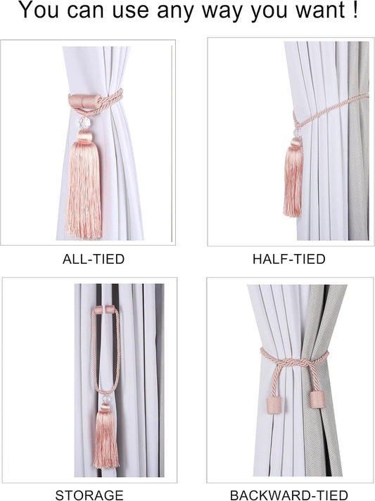 BEL AVENIR Magnetic Curtain Tiebacks Tassel Ties Backs Holdbacks Rope Convenient Drapes Handmade Home Office Decorative (Pink)