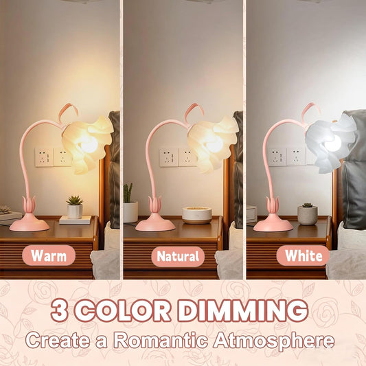 Flower Desk Lamp, LED Reading Light Flower Table Lamp, 3 Colors Flower Lamp for Girls Bedroom, Adjustable Flexible Nightstand Lamps, Bedside Table Lamp for Bedroom, Living Room, Home Decor (Pink)