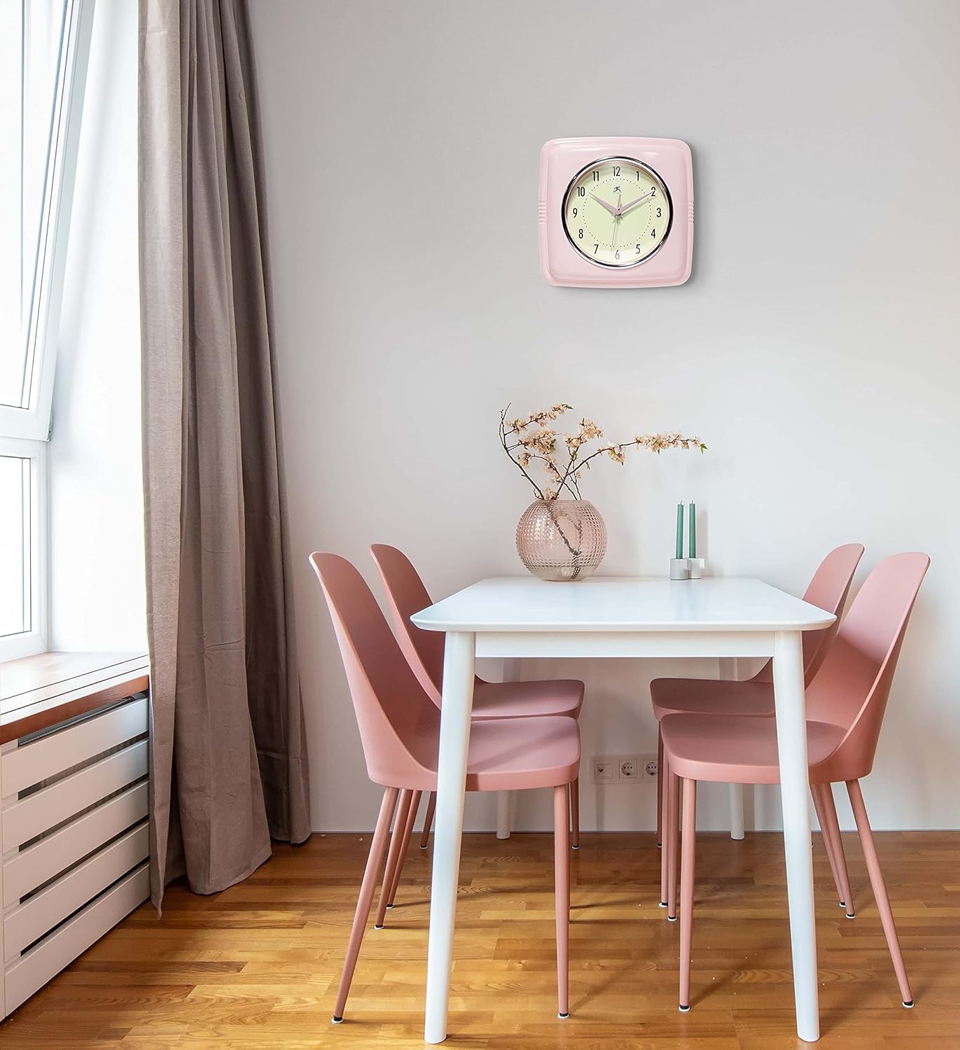 Infinity Instruments Square Silent Retro 9 inch Mid Century Modern Kitchen Diner Retro Wall Clock Quartz Sweep Movement (Pink)