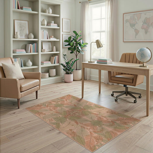 4'x6' Washable Modern Botanical Area Rug, Peach Flatwoven Floor Mat Non-Slip Chair-Friendly Carpet for Home Office, Gaming Room, Under Desk | Ref:2167497