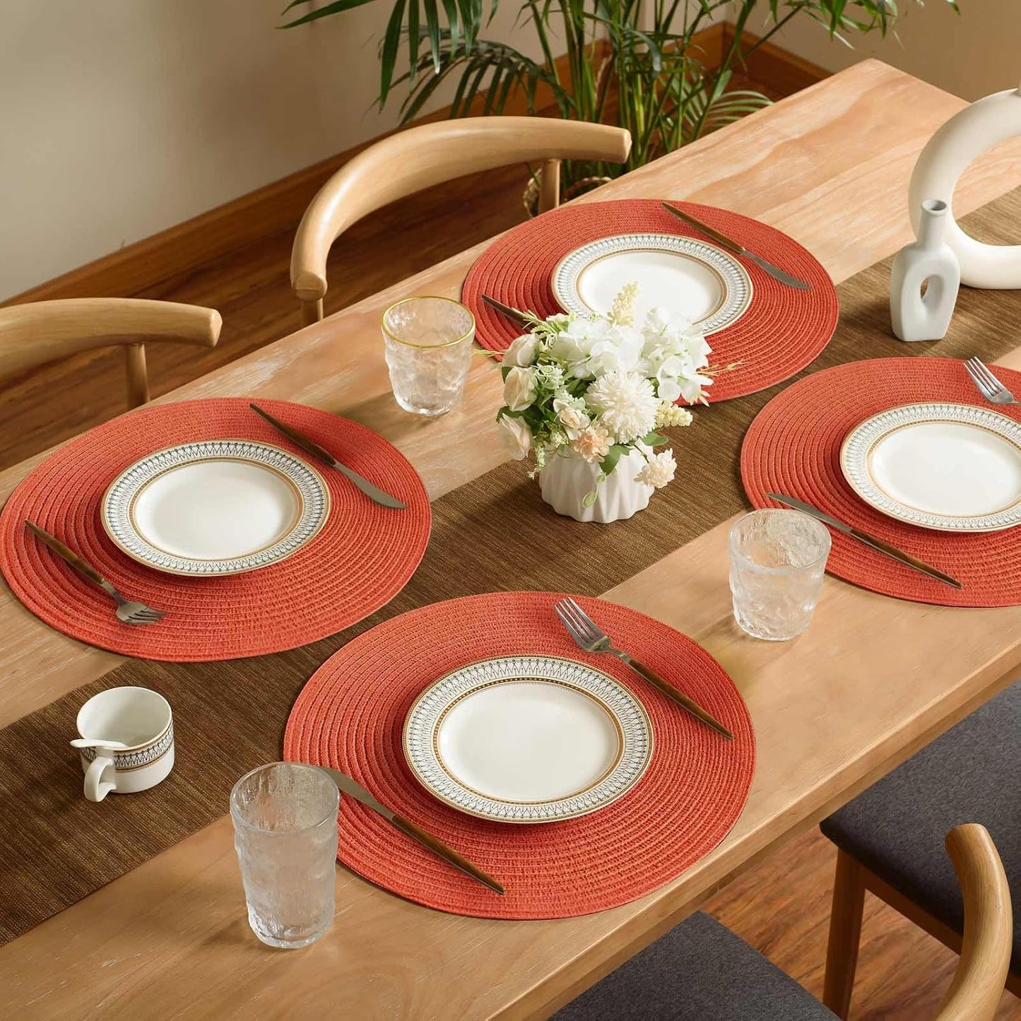FunWheat Round Braided Placemats Set of 6 Place mats for Dining Tables Woven Heat Resistant Table Mats 15 inch (Dark Orange)