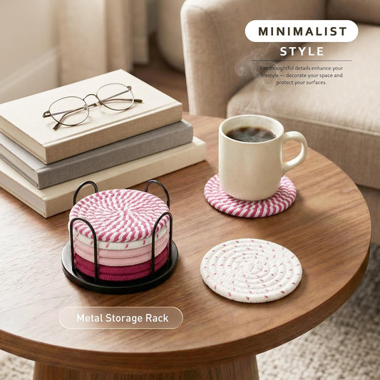 Lazebox Coasters Set of 8 for Drinks, 4 Inch Large Coasters for Coffee Table, Tabletop Protection for Hot & Cold Drinks, Versatile Coasters for Home Decor, Non-Slip & Easy to Clean, Pink