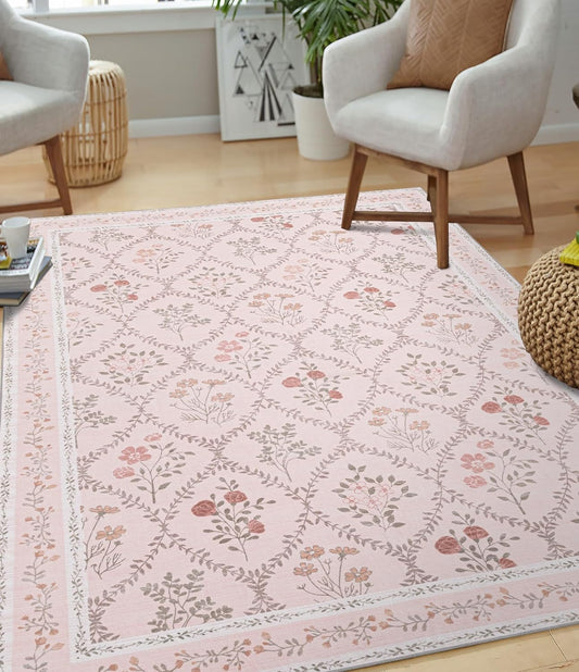 YIHOUSE 5x7 Pink Floral Rug for Bedroom Girls, Washable Area Rugs for Living Room Non Slip Ultra-Thin, Soft Throw Carpet for Nursery, Kids Playroom, Classroom, Home Office Decor