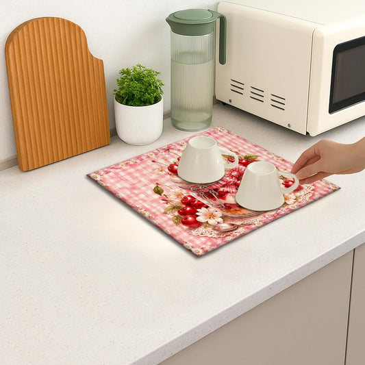 Cherries Blossom Dish Drying Mats for Kitchen Counter, Peach Gingham Floral Absorbent Dish Drainer Rack Mat, Spring Vintage Microfiber Drying Pad for Kitchen Counter Decor 16x18 Inch