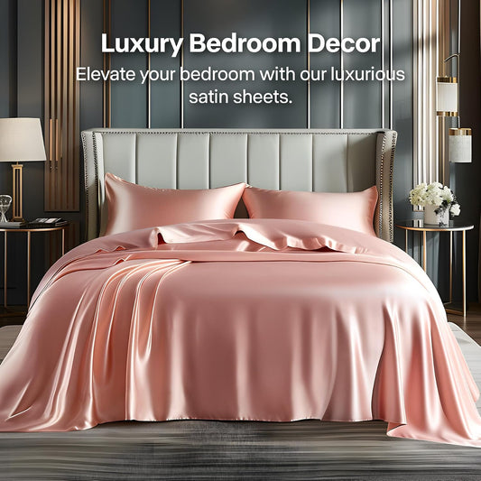 BEDELITE Satin Sheets Twin Size Bed Set, Luxury Soft Rose Pink Silky Sheets for Hair and Skin, Similar to Silk Bed Sheets Set 3 Pieces with 1 Deep Pocket Fitted Sheet, 1 Flat Sheet, and 1 Pillowcase
