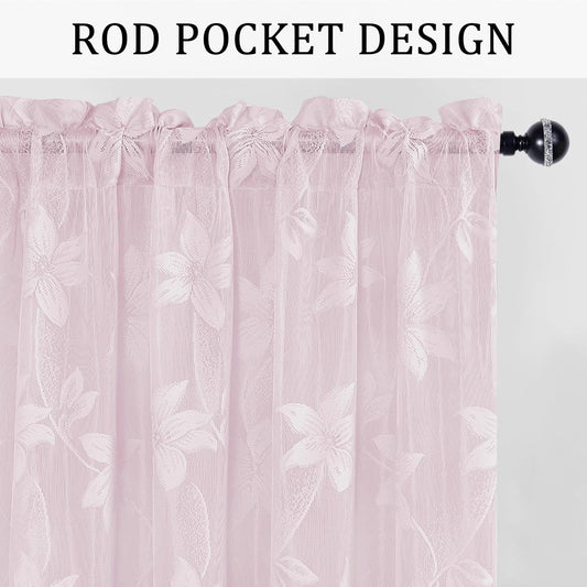 DWCN 2 Pack White Floral Lace Valances for Kitchen - Rod Pocket Half Window Sheer Curtains for Small Window Living Room Cafe, 42 x 18 inch, Sakura Pink