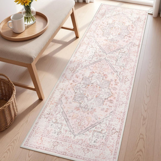 LIVEBOX Washable Runner 2x6 - Oriental Floral Kitchen Rug, Long Entryway, Low-Pile Vintage for Bedroom, Non-Skid Soft Carpet Throw for Bathroom Laundry Room Hallway Pink