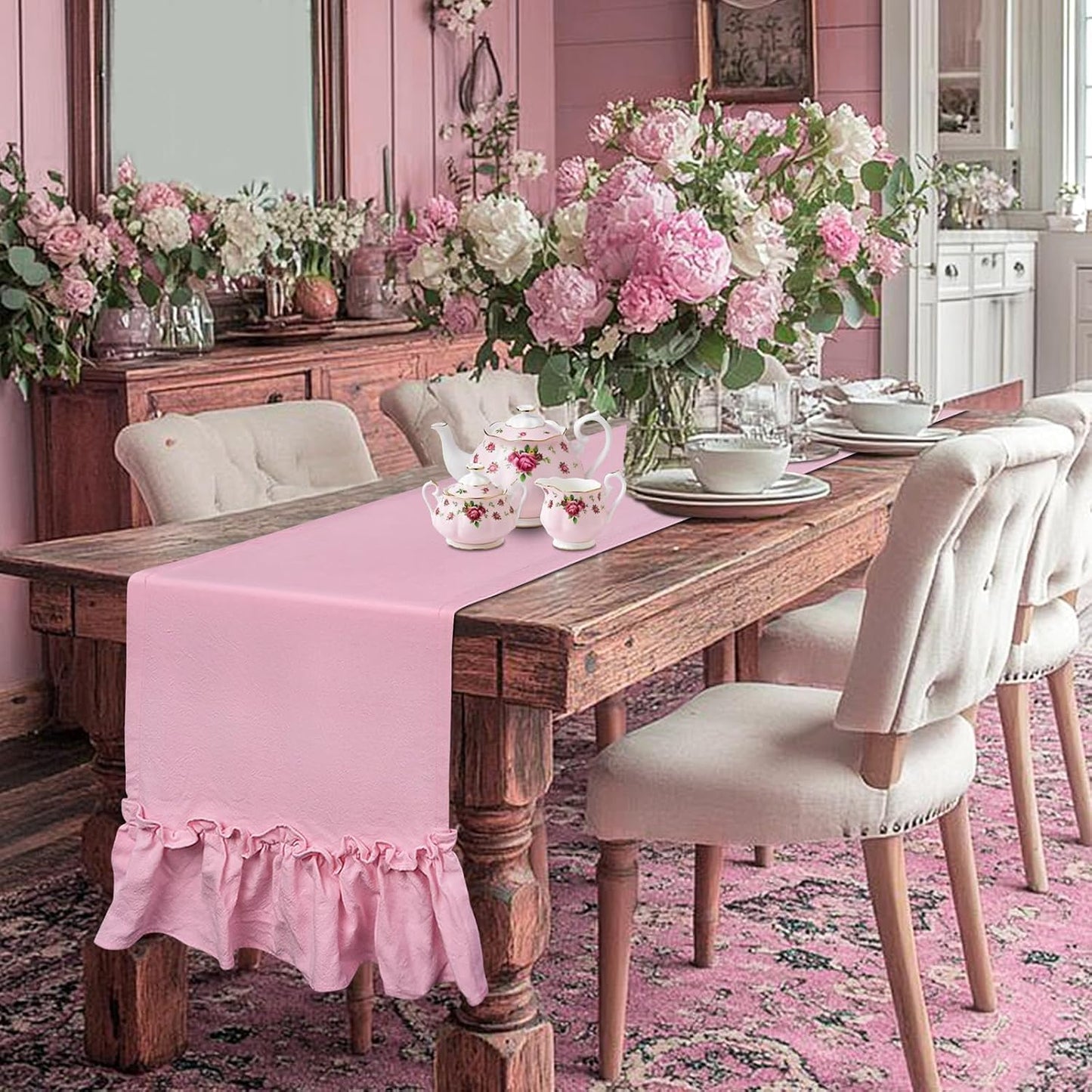 yuboo Pink Farmhouse Ruffle Table Runner, Shabby Pastel Table Runner for Baby Shower Kitchen Party Wedding, Coquette Spring Table Runners 12x54 Inches Rustic Table Decor